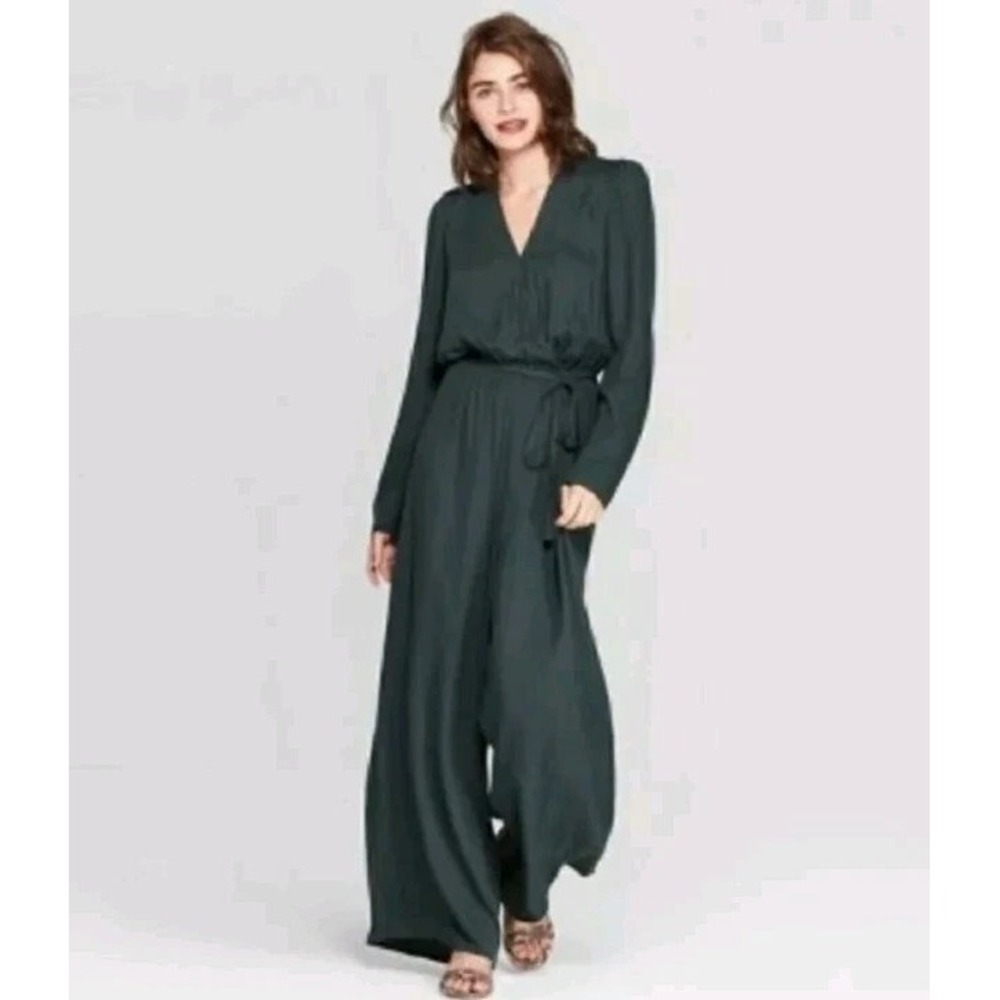 A New Day Jumpsuit Women's Small Long Sleeve Wide Leg Hunter Green Jumper Romper